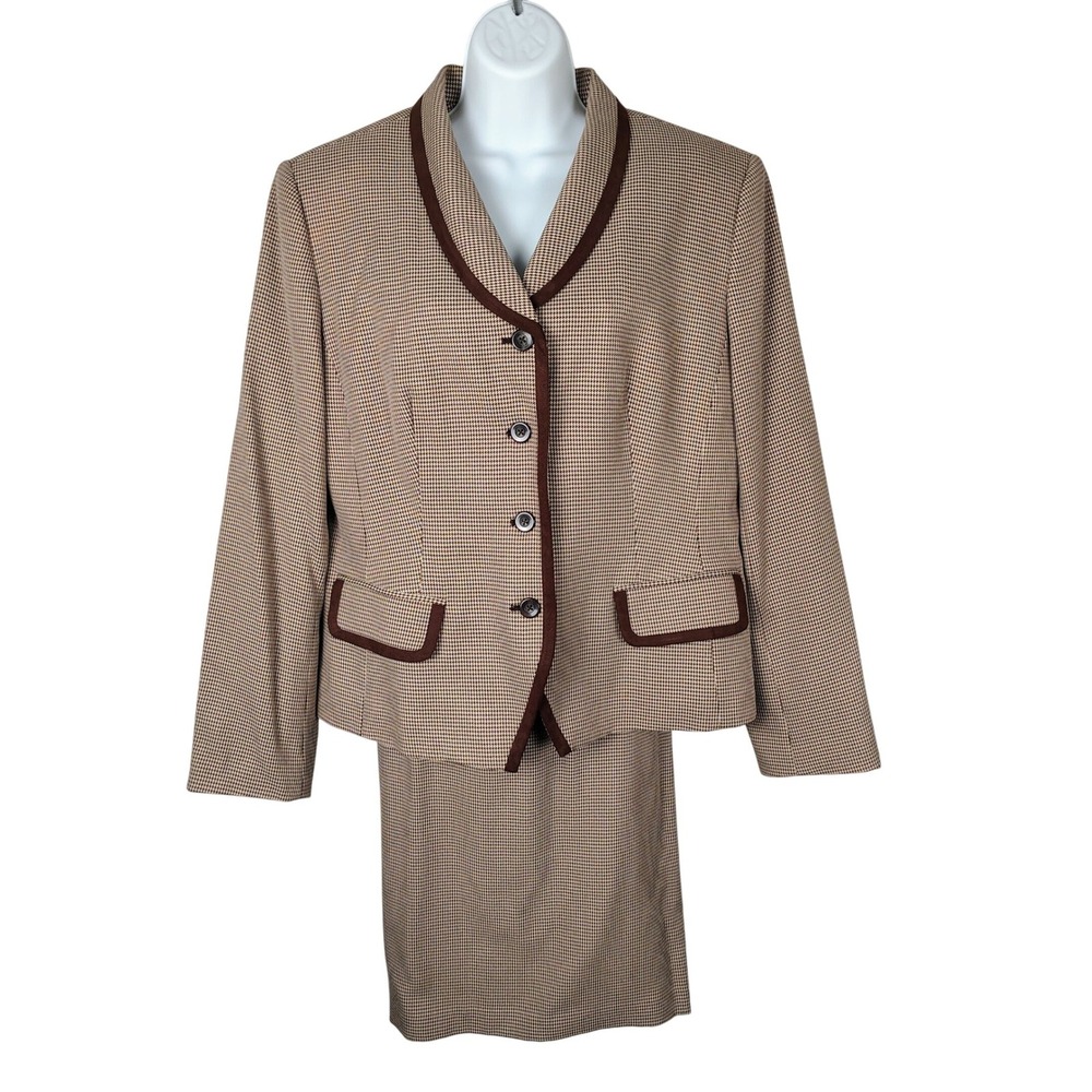 Executive Collection Brown Houndstooth Skirt Suit Set Blazer Skirt Size 16